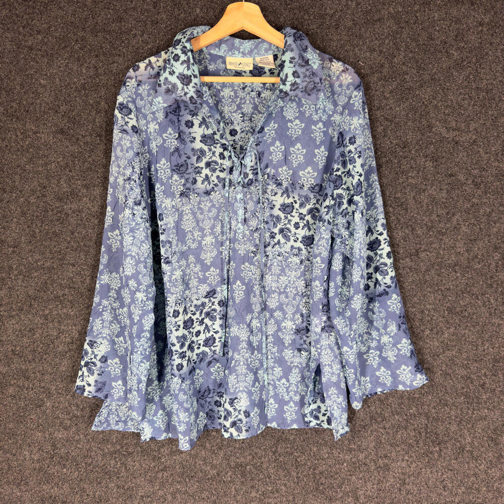 White Stag Blouse Women 14W/16W Plus Blue Floral Collared Tasseled Long Sleeve
